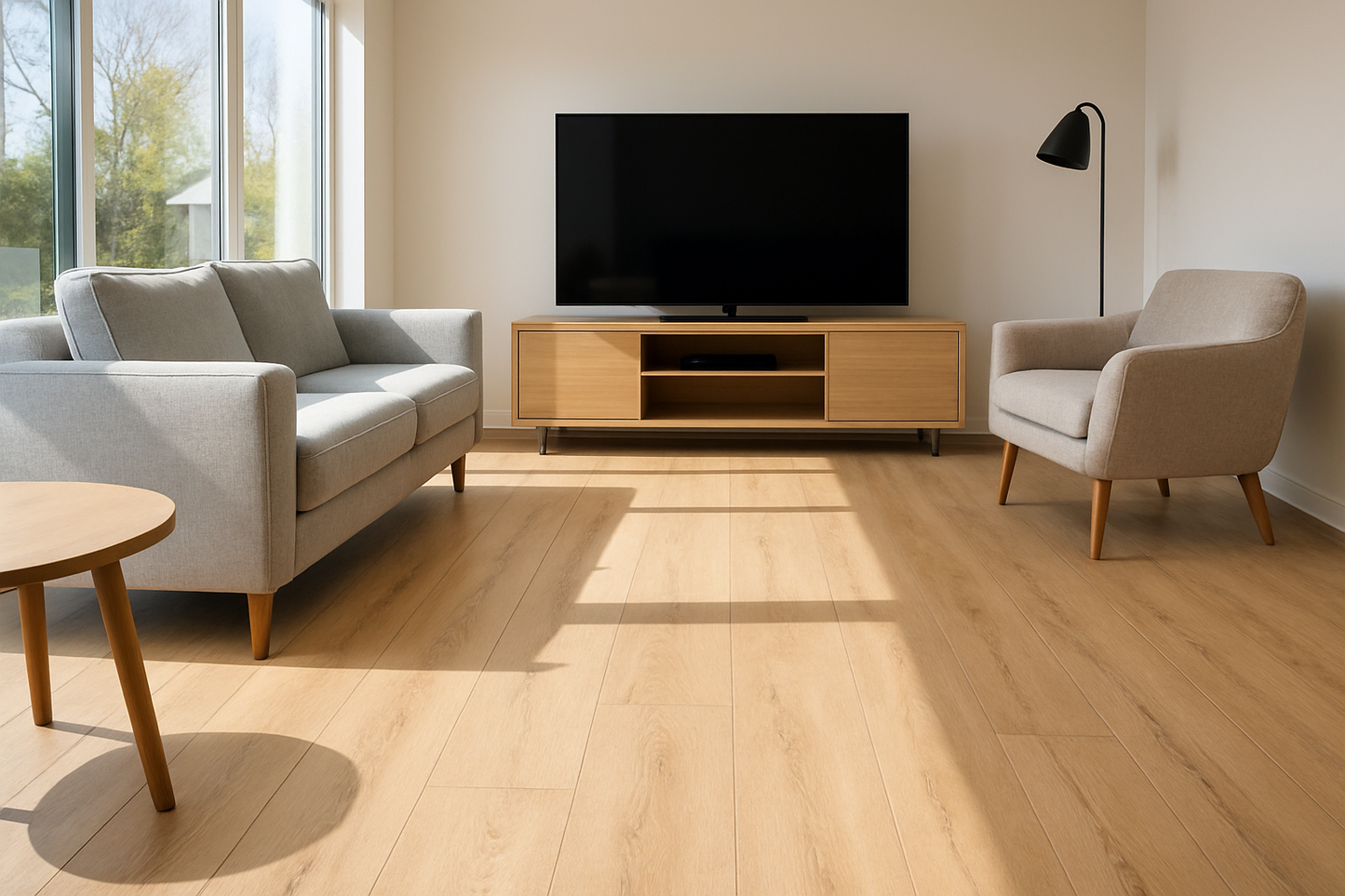 Media room with natural lighting showing exact floor color