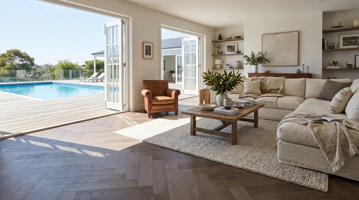 The Flooring Lab Adore European Oak Herringbone Flooring 14mm - Cinder room setting