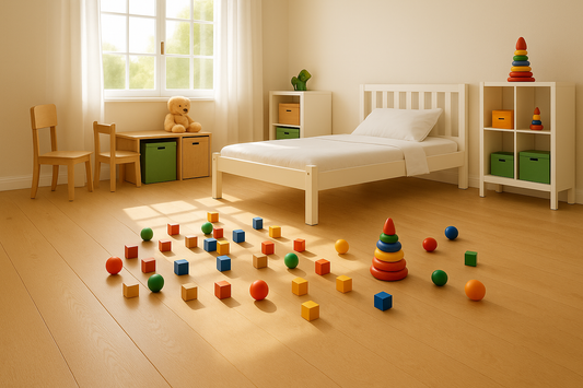 Kid's bedroom with beige sand flooring and toys