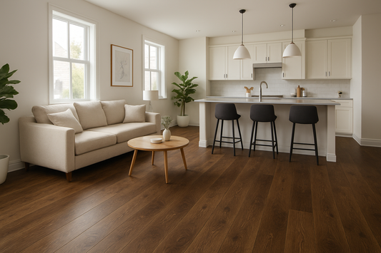 Living room with kitchen island and dark wood flooring