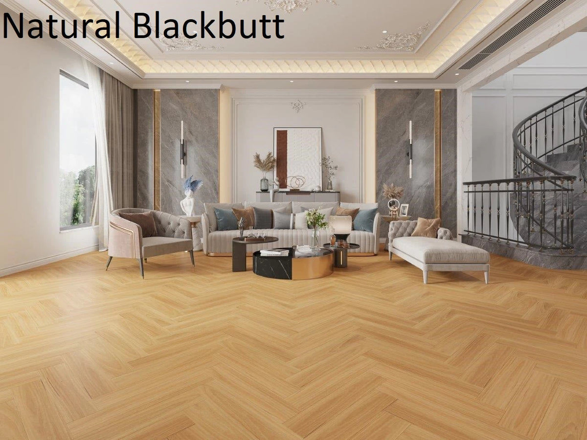 Riverhill Elegant Herringbone Hybrid Flooring 9.5mm Natural Blackbutt Setting