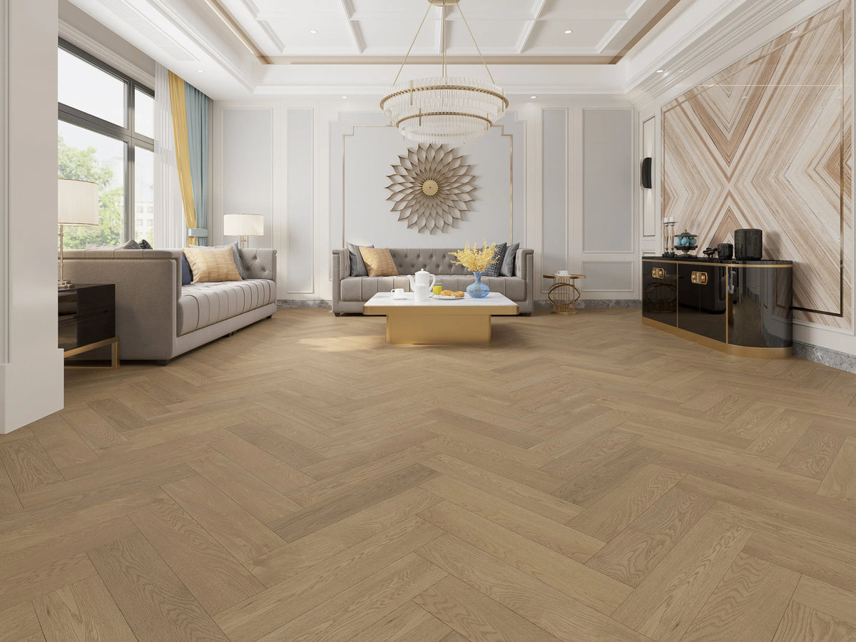 Riverhill iDesign European Oak Herringbone Engineered Timber Flooring 15/3mm Coral Sand Setting 1