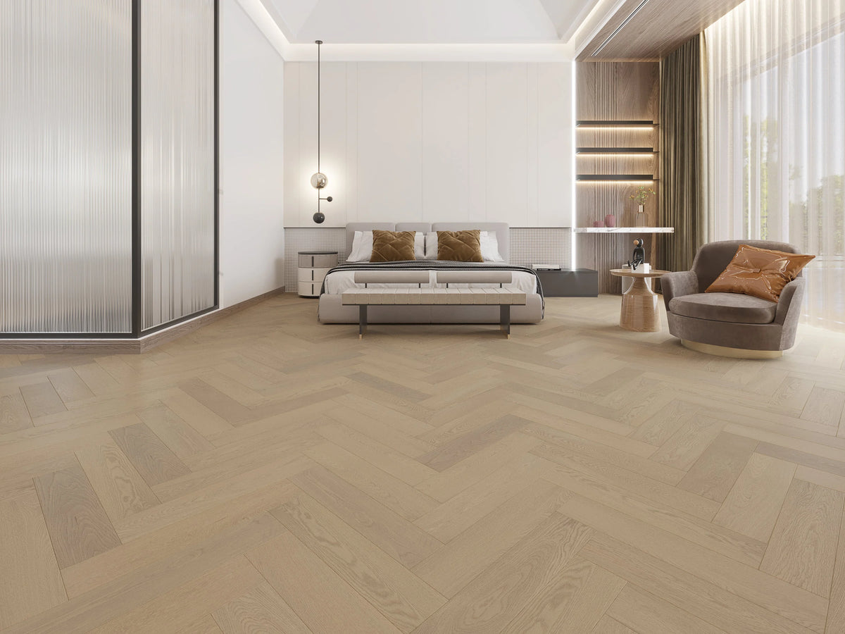 Riverhill iDesign European Oak Herringbone Engineered Timber Flooring 15/3mm Light Neutral Setting 1