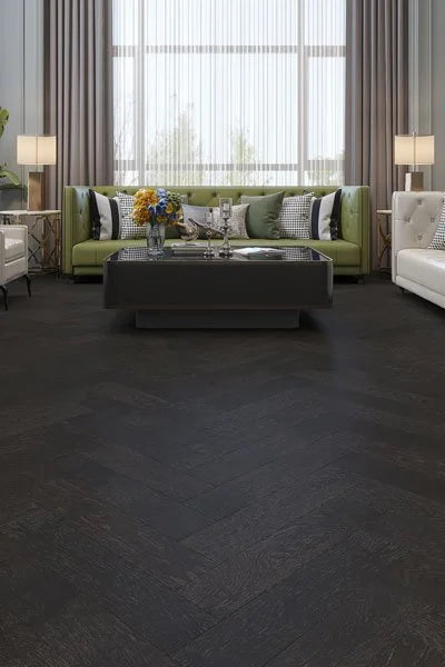 Riverhill iDesign European Oak Herringbone Engineered Timber Flooring 15/3mm Midnight Grey Setting