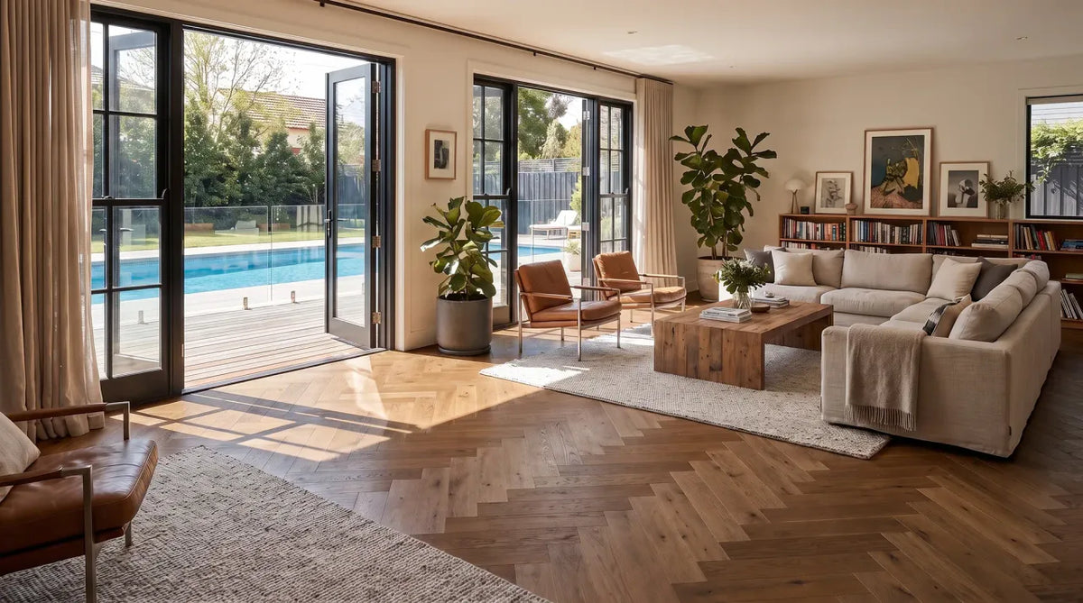 The Flooring Lab ADORE Ethereal European Oak Herringbone 14.2mm flooring in modern interior setting