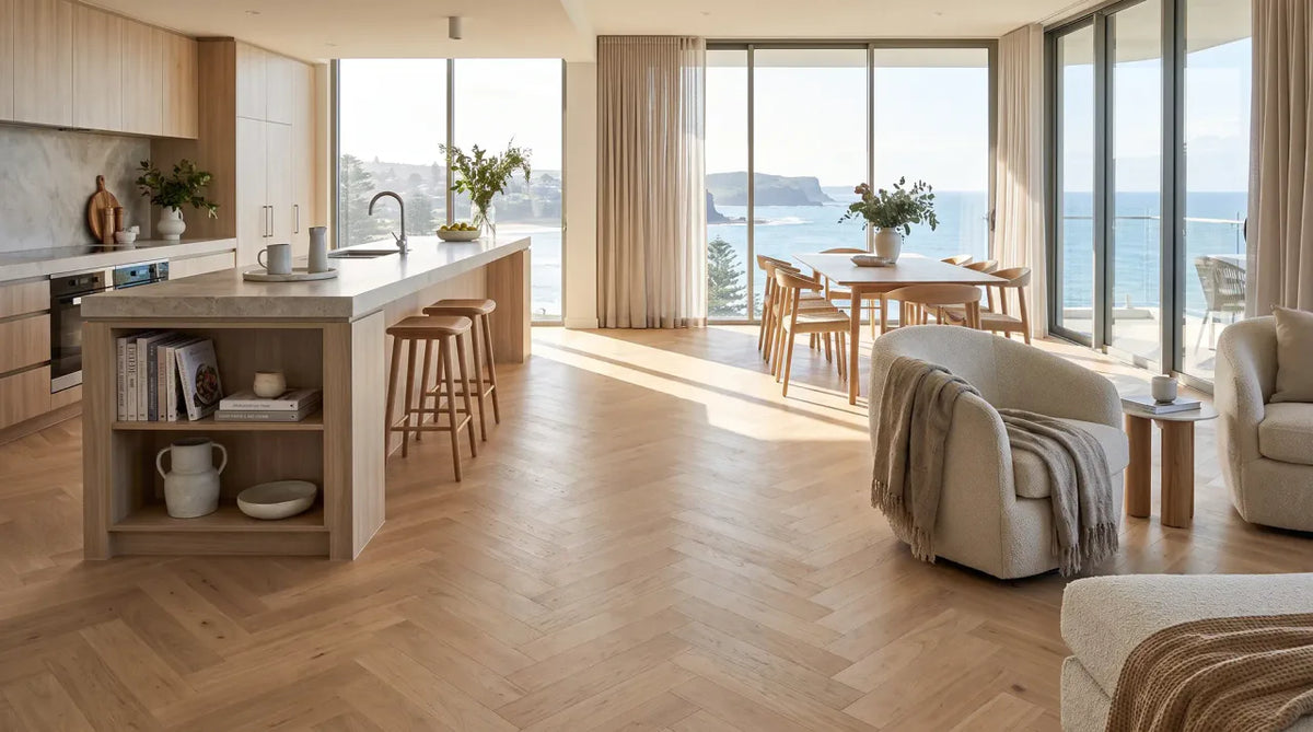 The Flooring Lab ADORE Ivory Flat European Oak Herringbone 14.2mm flooring in modern interior setting