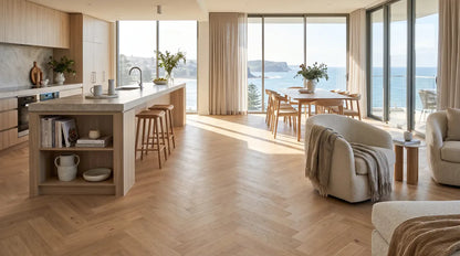 The Flooring Lab ADORE Ivory Flat European Oak Herringbone 14.2mm flooring in modern interior setting
