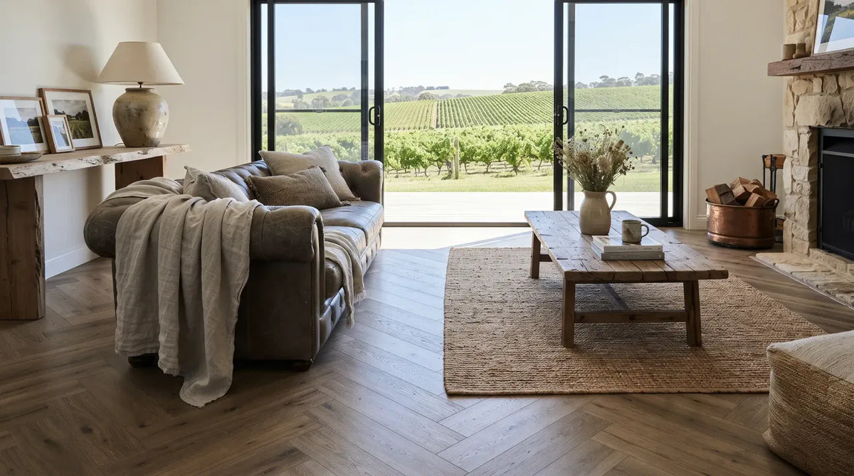 The Flooring Lab ADORE Raven European Oak Herringbone 14.2mm flooring in modern interior setting