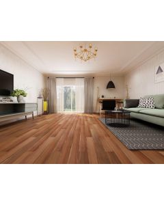 Beautiful Prefinished Australian Spotted Gum Hardwood Timber Floor in Lounge Setting.